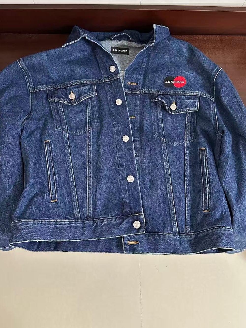 Balenciaga Dark Blue Denim Jacket with Red Logo Patch
